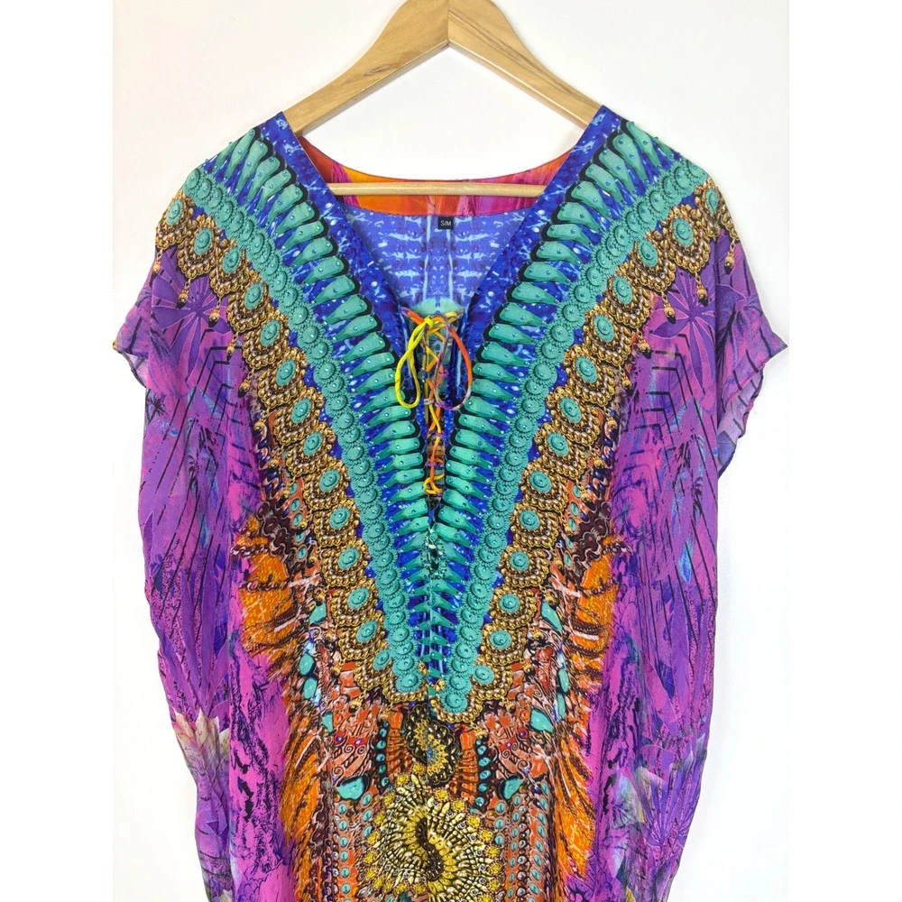 Bohemian Print Kaftan Maxi Dress Purple Yellow Lace Up V-Neck Size S/M - Picture 7 of 12